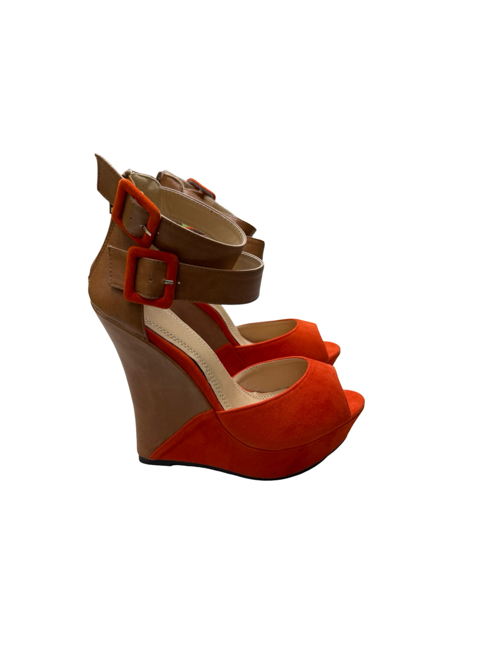 Liliana Monaco Orange Suede and Tan Wedge Heel Platform Sandals Size 7.5